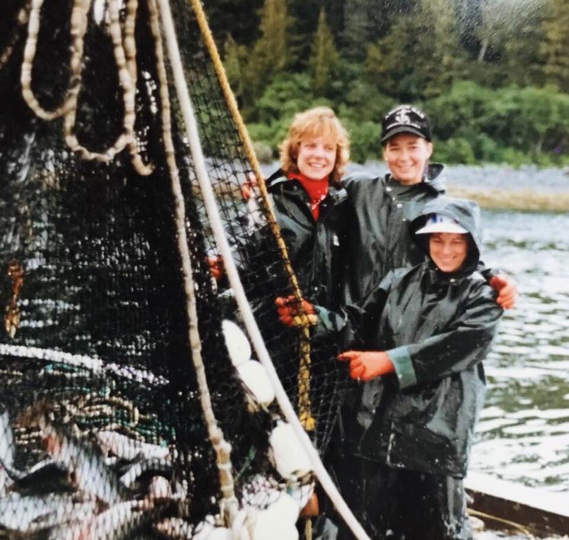 Robin McAllistar and two of her crew members on the deck of FV Valiant Maid during the late-1980s.