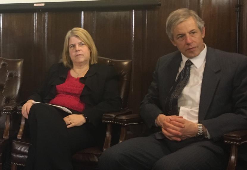 Rep. Tammie Wilson, R-North Pole, and Rep. Matt Claman, D-Anchorage, attend a House majority press availability, May 8, 2019. Wilson and Claman were among 24 House members who voted to pass House Bill 49, shortly before the availability. (Photo by Andrew Kitchenman/KTOO and Alaska Public Media)