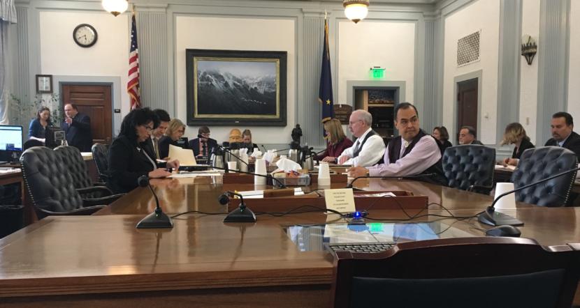 The Alaska budget conference committee members start their meeting on Saturday. The members are Rep. Cathy Tilton, R-Wasilla, Rep. Neal Foster, D-Nome, Rep. Tammie Wilson, R-North Pole, Sen. Natasha von Imhof, R-Anchorage, Sen. Bert Stedman, R-Sitka, and Sen. Donnie Olson, D-Golovin. (Photo by Andrew Kitchenman/KTOO and Alaska Public Media)