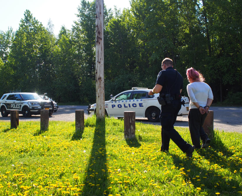 Officer Brian Fuchs arrests a woman on an outstanding warrant at a park in Mountain View during his patrol shift.