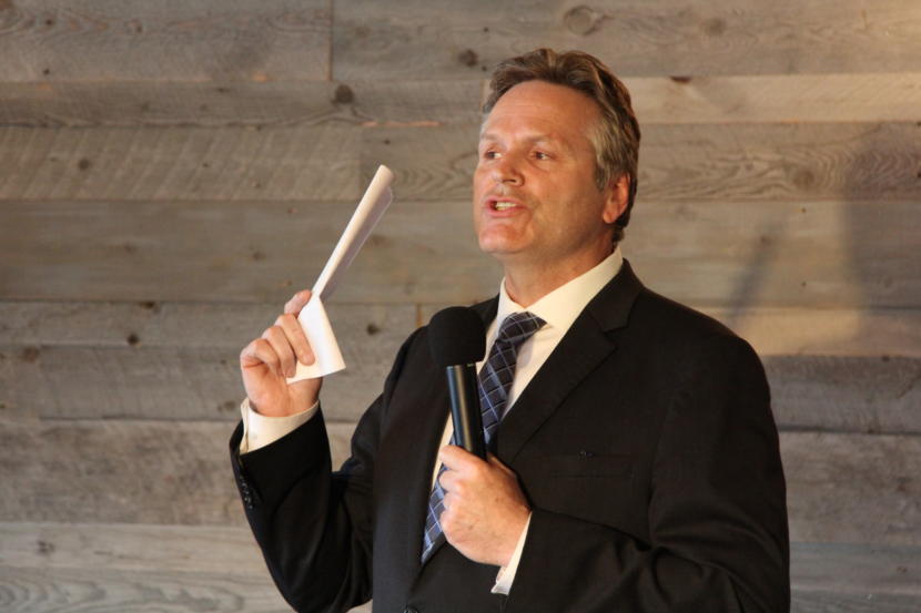 Gov. Mike Dunleavy addresses the “Rally to Restore the PFD” in Wasilla. The crowd overwhelmingly favored his position on a full permanent fund dividend.