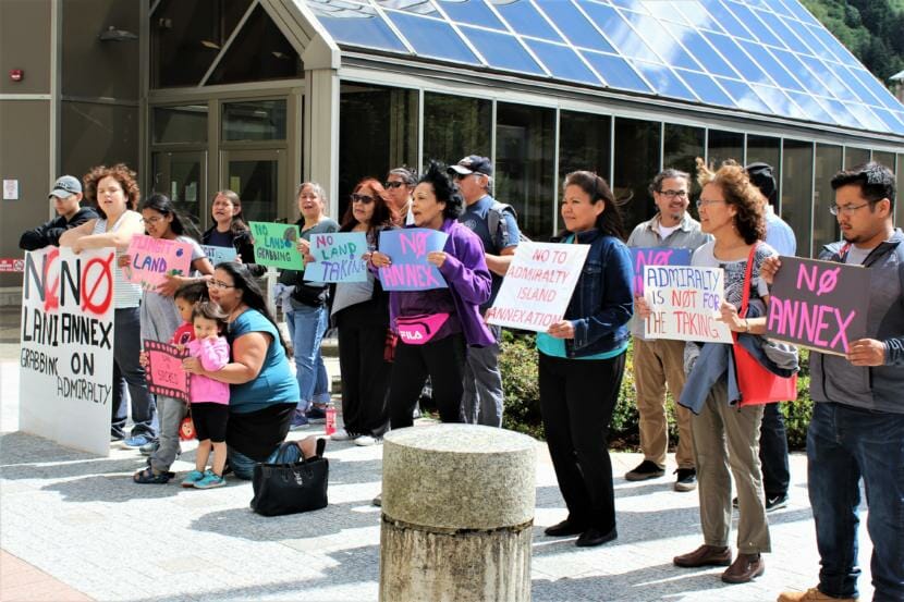 Current and former Angoon residents and supporters protest Juneau's application to annex portions of Admiralty Island on Friday, June 14, 2019. (Photo by Adelyn Baxter/KTOO)