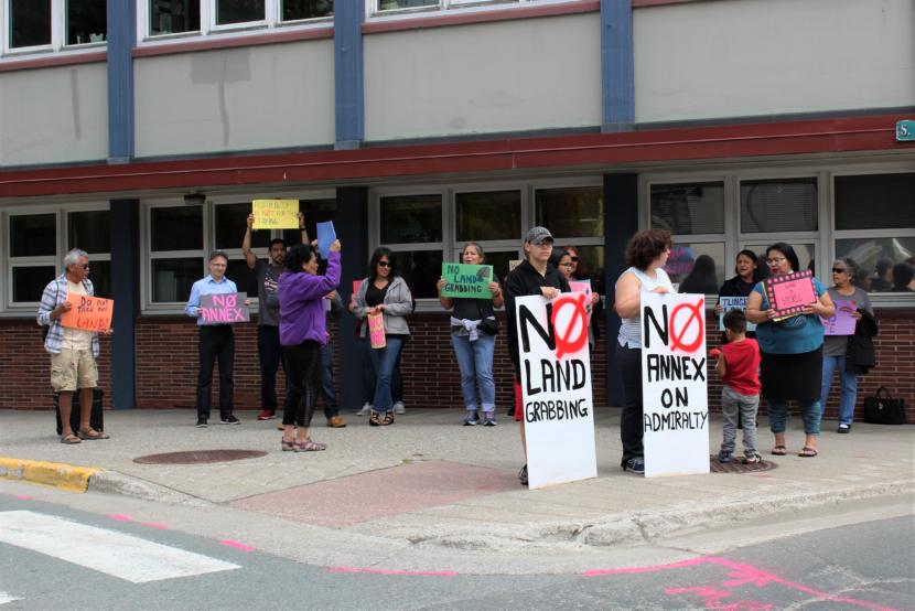 Current and former Angoon residents and supporters protest Juneau's application to annex portions of Admiralty Island on Friday, June 14, 2019. (Photo by Adelyn Baxter/KTOO)