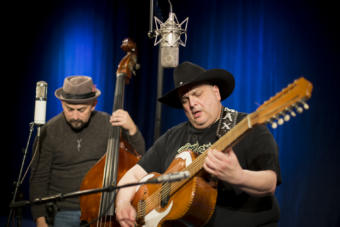 Noel Hernandez and Max Baca of Los Texmaniacs perform a Red Carpet Concert during the 2019 Alaska Folk Festival at KTOO Public Media. (Photo by Annie Bartholomew/KTOO)