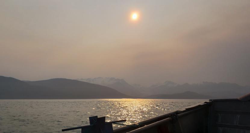 Particulate matter in the air obscures the view of Herbert Glacier from Lynn Canal near Juneau early on the morning of June 30, 2019.
