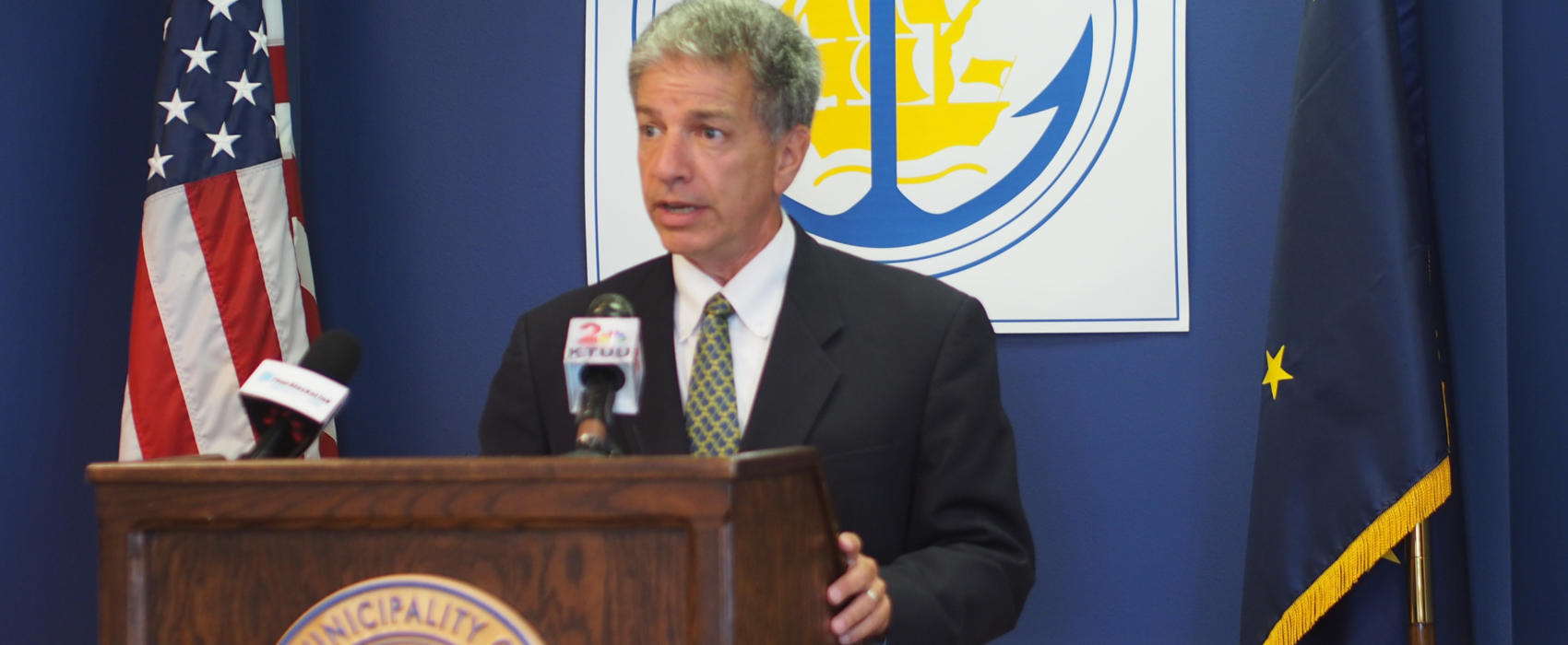 Mayor Ethan Berkowitz at a press conference in Anchorage City Hall announcing a civil emergency declaration.