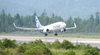 Alaska flight 64 takes off from Petersburg airport in July of 2018. (Joe Viechnicki/KFSK)