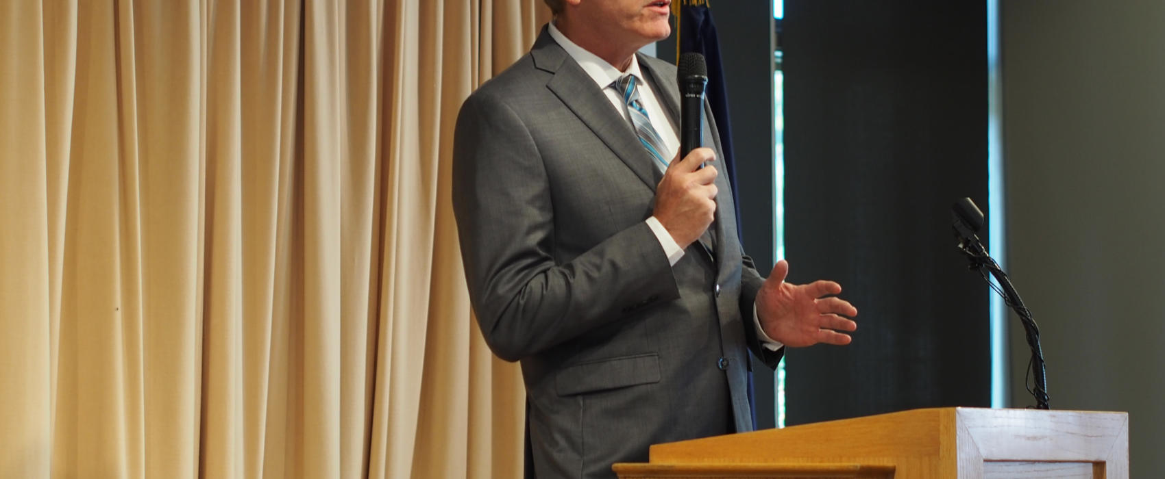 Gov. Mike Dunleavy announces to a lunchtime audience at the Chugiak-Eagle River Senior Center in Chugiak that he will restore funds for the Senior Benefits Payment Program.