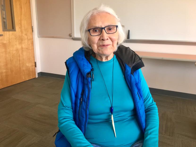 Delores Churchill, master Haida weaver, on Aug. 8, 2019. (Photo by Zoe Grueskin/KTOO)