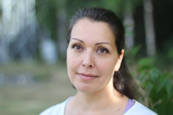 Meda DeWitt chairs the Recall Dunleavy campaign. She visited Alaska Public Media for an interview on Aug. 16, 2019. (Photo by Wesley Early/Alaska Public Media)