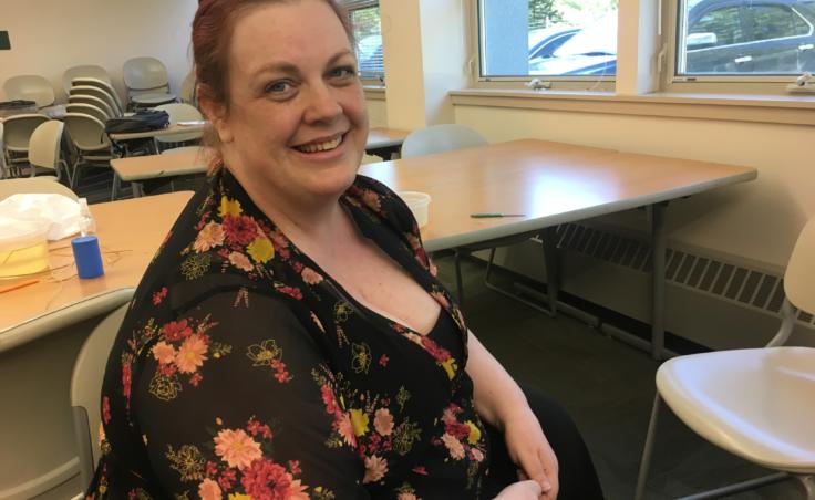Juneau teacher Naomi Love on Aug. 8, 2019, during a Sealaska Heritage Institute seminar for teachers on Northwest Coast arts and math. (Photo by Zoe Grueskin/KTOO)