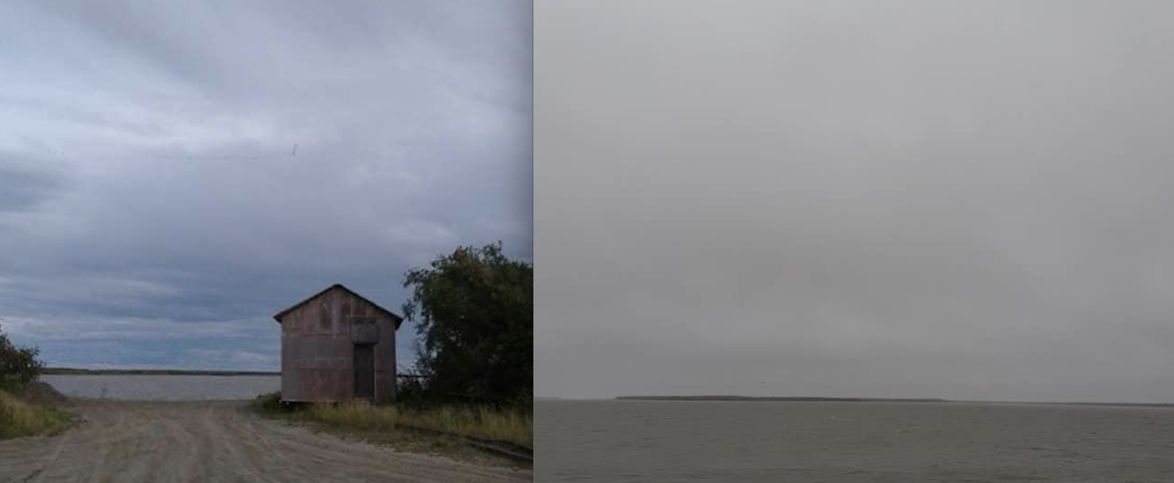 Side-by-side photos, taken from the same location, show the amount of riverbank lost in Napakiak over the past three years, comparing August 2016 to Aug. 4, 2019 following a heavy storm. (Photo by Andrew West via KYUK)