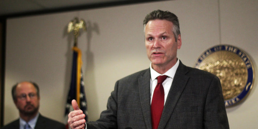 Alaska Gov. Mike Dunleavy speaks at a news conference at his Anchorage office on Friday, Sept. 27, 2019.