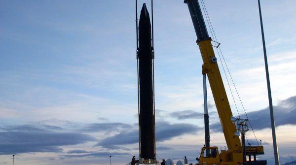 One of the 40 interceptor missiles at Fort Greely is lowered into its silo. An expansion project at the missile-defense base eventually will increase the number of interceptors at Greely to 60. Four more interceptors are based at Vandenberg Air Force Base, Calif. (Photo courtesy of Missile Defense Agency)