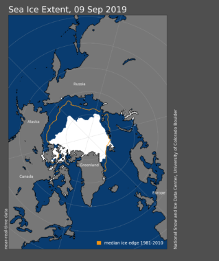 A map showing sea ice extent in 2019 compared to historical averages.