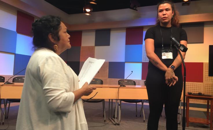 Virginia Oliver (left) gives a word to Autumn Jules during the 4th International Lingít Spelling Bee held in Juneau on Sep. 27, 2019 as part of the Sharing Our Knowledge Conference. Jules traveled to the conference from the Canadian Yukon. (Photo by Zoe Grueskin/KTOO)
