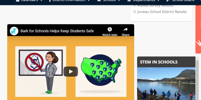The Juneau School District posted information about Bark for Schools on its homepage, as it appears here on Oct. 31, 2019, including FAQs and an informational video produced by Bark.