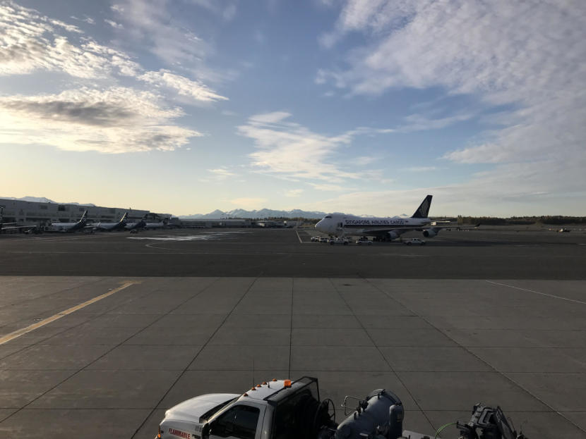 A Singapore Airlines cargo plane sits outside the North Terminal at Ted Stevens Anchorage International Airport.