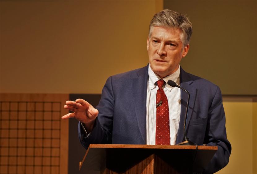 American Promise President Jeff Clements speaks to the Juneau World Affairs Council at KTOO on March 18, 2019. The organization advocates for a 28th amendment to the U.S. Constitution to limit the influence of money in politics.