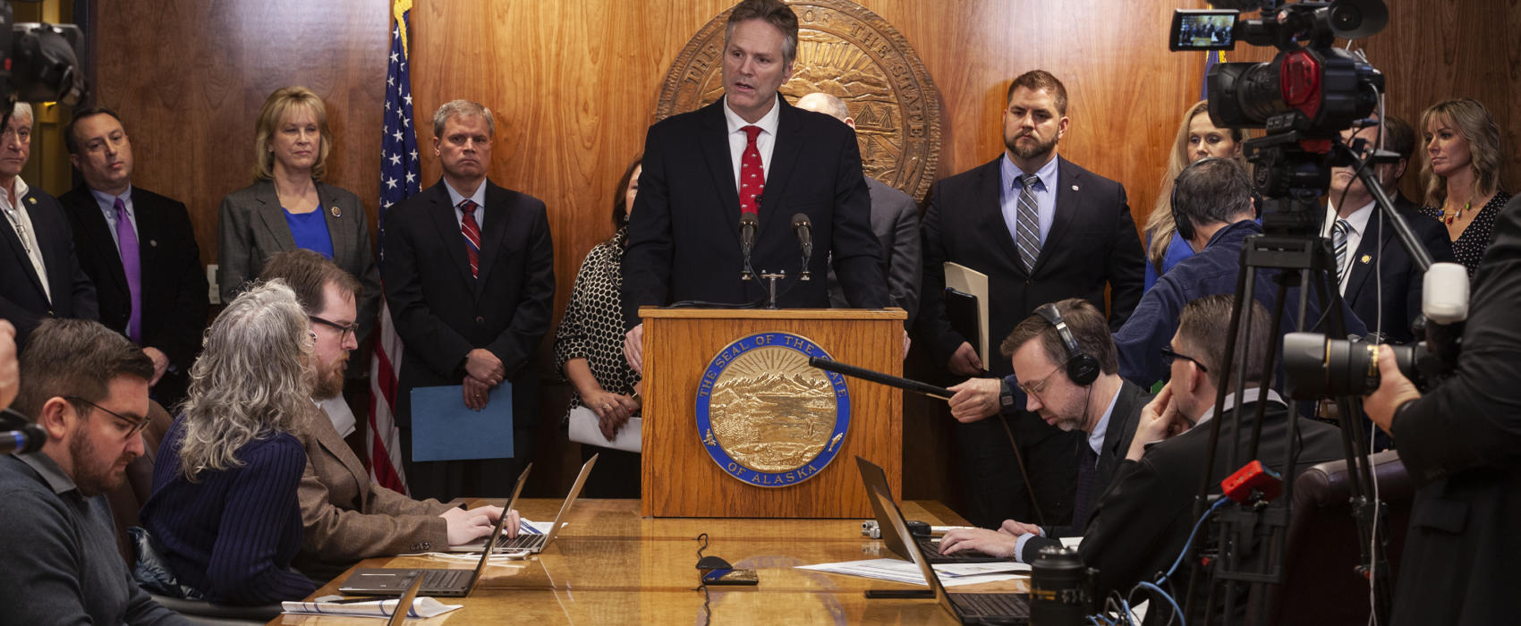 Gov. Mike Dunleavy unveils his budget on Wednesday, December11, 2019, at the Capitol in Juneau, Alaska. (Photo by Rashah McChesney/KTOO)