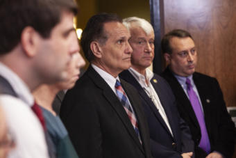 Lt. Governor Kevin Meyer listens to Gov. Mike Dunleavy unveil his budget proposal on Wednesday, December 11, 2019, at the Capitol in Juneau, Alaska. (Photo by Rashah McChesney/KTOO)