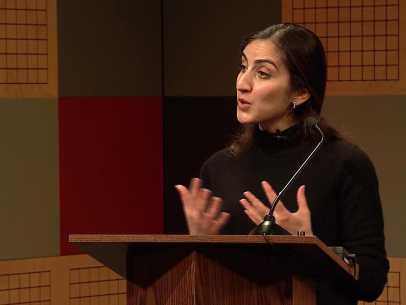 Reem Yusuf, an environmental policy adviser in the United Kingdom’s Foreign and Commonwealth Office in San Francisco, speaks to the Juneau World Affair Council at KTOO in Juneau on Feb. 28, 2019. She was discussing the UK’s long-term plan to transition to a low-carbon economy.