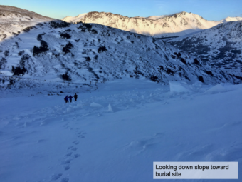 Debris from an avalanche Saturday on Flattop Mountain that buried a hiker. (Photo courtesy of Chugach National Forest Avalanche Information Center)
