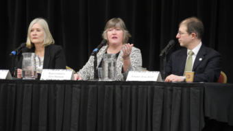 Reps. Andi Story and Sara Hannan accompanied by Sen. Jesse Kiehl, speak at a Native Issues Forum hosted by the Central Council of the Tlingit Haida Indian Tribes of Alaska in Juneau on Feb. 3, 2020. The trio, all Democrats from Juneau, gave a preview of things to come during the current legislative session and fielded questions from the audience. (Photo by Skip Gray/KTOO)