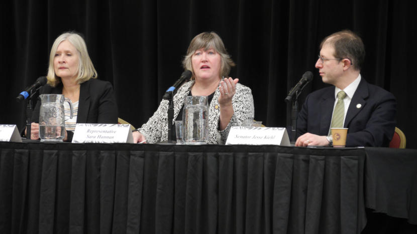 Reps. Andi Story and Sara Hannan accompanied by Sen. Jesse Kiehl, speak at a Native Issues Forum hosted by the Central Council of the Tlingit Haida Indian Tribes of Alaska in Juneau on Feb. 3, 2020. The trio, all Democrats from Juneau, gave a preview of things to come during the current legislative session and fielded questions from the audience. (Photo by Skip Gray/KTOO)
