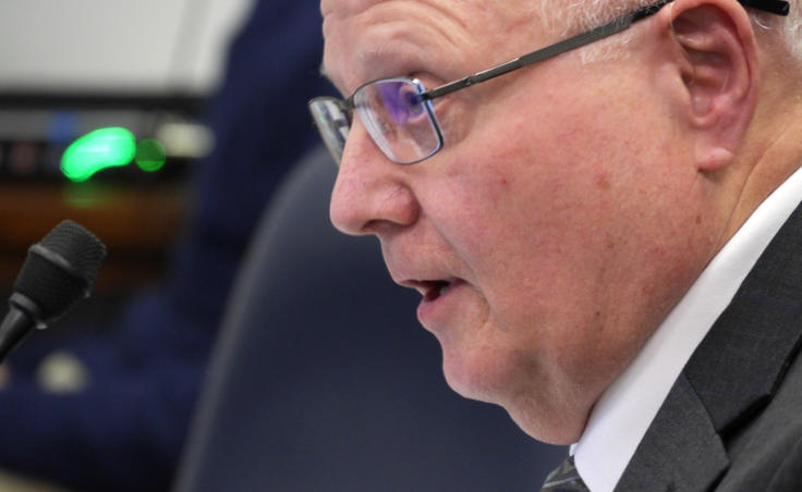 Tom Boutin, executive director of the Alaska Industrial Development and Export Authority, fields questions during a House Commerce, Community and Economic Development Finance Subcommittee meeting in the state Capitol in Juneau on Feb. 4, 2020. Legislators were asking him about a no-bid contract he awarded to a relative of a prominent financial donor to Gov. Mike Dunleavy. (Photo by Skip Gray/KTOO)