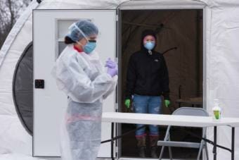 The first positive COVID-19 case in the Y-K Delta was announced today, April 6, 2020. The COVID-19 drive-thru test site in Bethel, Alaska is run by a rotating staff of doctors, nurses, medical assistants and security guards from the Yukon-Kuskokwim Health Corporation. Credit Katie Basile/KYUK