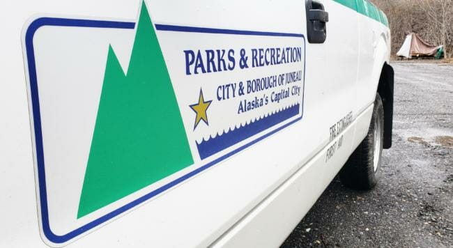 A City and Borough of Juneau park ranger's truck is parked at the Mill Campground in Juneau on April 28, 2020.