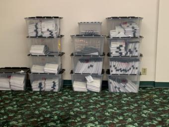 Ballots from the Alaska Democratic presidential primary sitting at the party’s counting facility Saturday, April 11, 2020. (Courtesy Alaska Democratic Party)