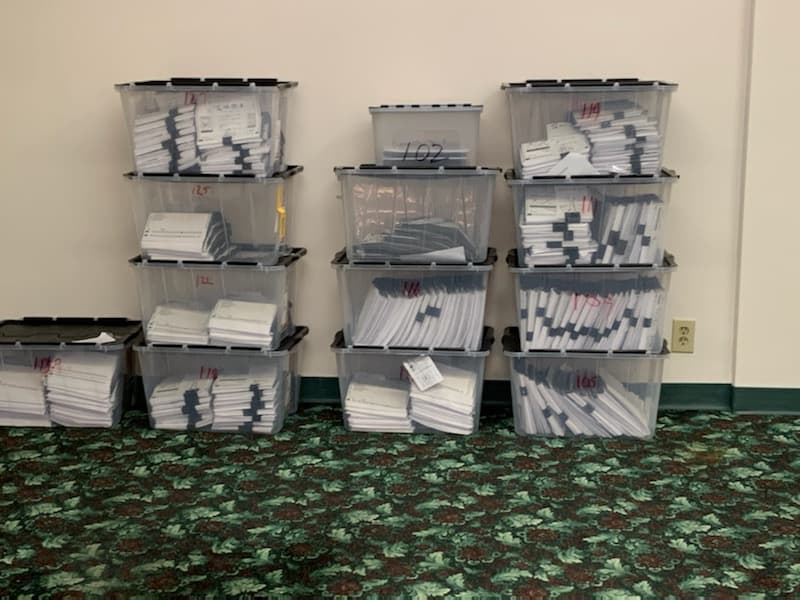 Ballots from the Alaska Democratic presidential primary sitting at the party’s counting facility Saturday, April 11, 2020. (Courtesy Alaska Democratic Party)