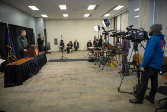 Gov. Dunleavy holds a press conference on COVID-19 in the Atwood Building in Anchorage on March 31, 2020.