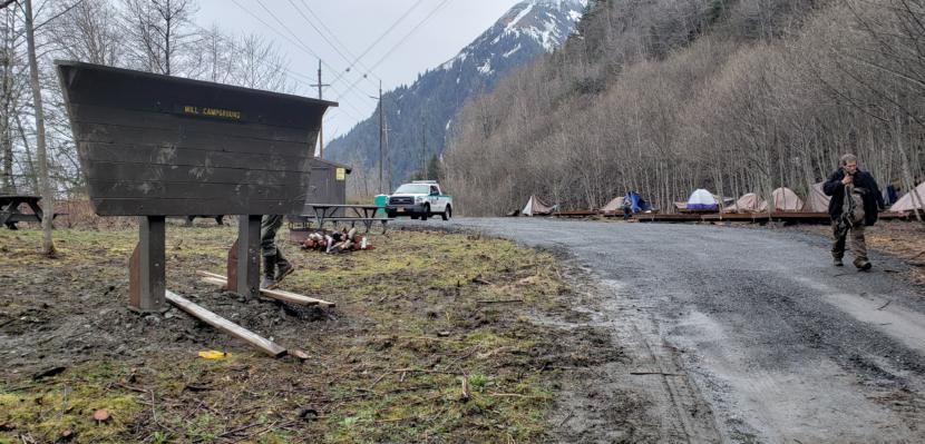 A camper heads into town from the City and Borough of Juneau's Mill Campground on April 29, 2020. 