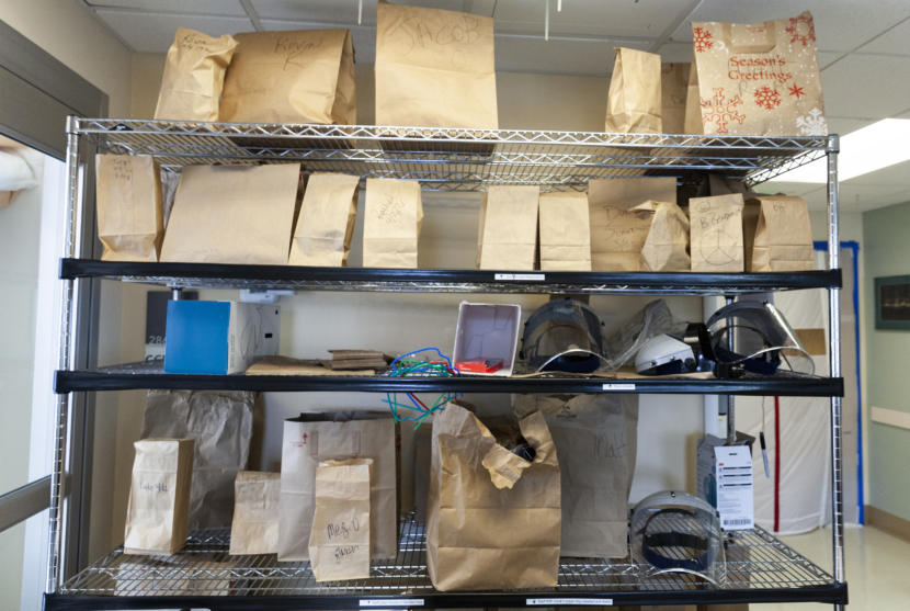 A storage rack full of bags for individuals nurses and doctors to track and reuse personal protective equipment shown here on April 7, 2020, at Bartlett Hospital, in Juneau, Alaska. (Photo by Rashah McChesney/KTOO)