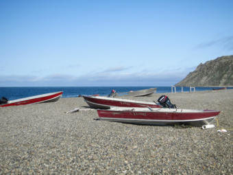 Local hunters’ boats in Gambell in 2017. (Photo by Davis Hovey / KNOM)