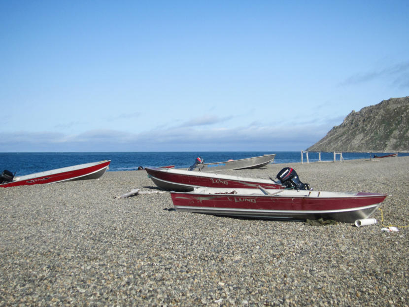 Local hunters’ boats in Gambell in 2017. (Photo by Davis Hovey / KNOM)