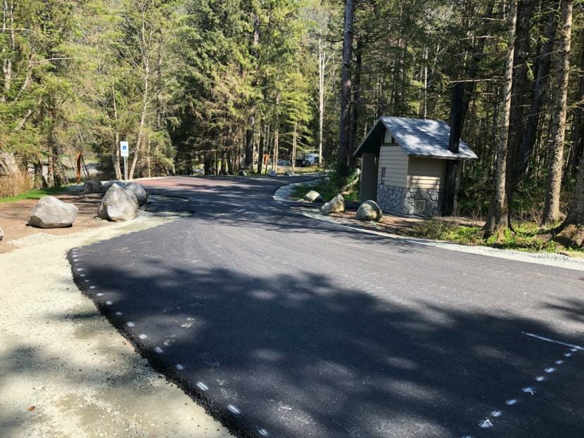 Glacier State Contractors paved over a dirt road in the U.S. Forest Service's Lena Beach Recreation Area, pictured here in May 2020.