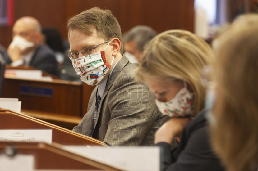 House Minority Leader Lance Pruitt, R-Anchorage, on Monday, May 18, 2020, in Juneau, Alaska. Lawmakers gaveled in for the last few days of their regular session to pass a COVID-19 aid bill. (Photo by Rashah McChesney/KTOO)