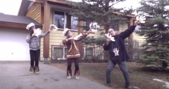 A screenshot from the social distancing dance of “Tarvarnauramken”. (Courtesy of Aassanaaq Kairaiuak)