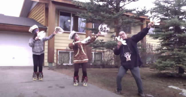 A screenshot from the social distancing dance of “Tarvarnauramken”. (Courtesy of Aassanaaq Kairaiuak)