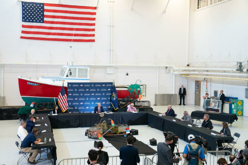 President Donald J. Trump participates in a roundtable on supporting America’s commercial fisherman Friday, June 5, 2020, at Bangor International Airport in Bangor, Maine. (Official White House Photo by Joyce N. Boghosian)