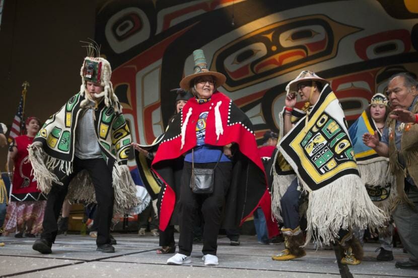Rosita Worl, president of Sealaska Heritage Institute, center, dancing with her fellow Thunderbird dancers. (Photo courtesy of Brian Wallace)