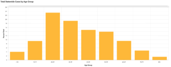 Graph showing that 23% of COVID-19 cases in Alaska are people in their 20s -- the largest share of any age group