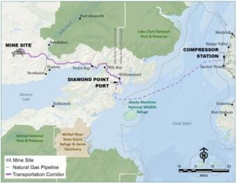 A map showing the proposed route from Cook Inlet to the mine site.