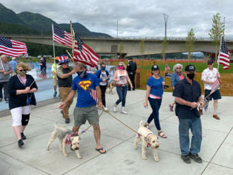 A group gathered for a Juneau Backs the Blue rally on Saturday, July 4, 2020, in Juneau, Alaska, (Photo by Rashah McChesney/KTOO)