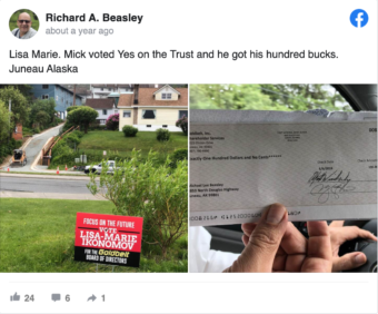 Screenshot of a Facebook post by Richard Beasley. State financial regulators accused Beasley of “materially misrepresenting that shareholders were required to vote in favor of the proposed settlement trust to receive $100.00 from Goldbelt.” 