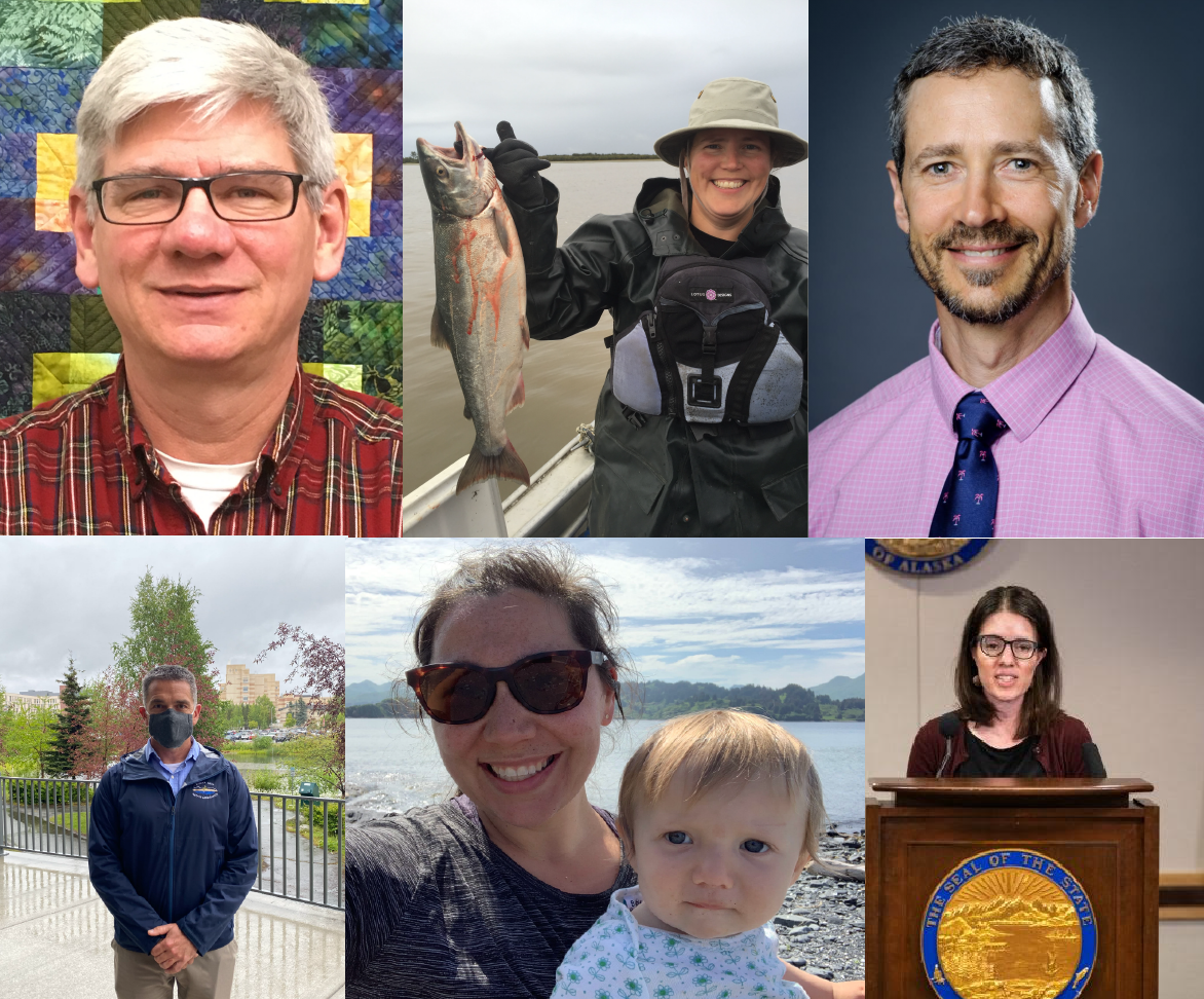 This Alaska panel of experts breaks down how they manage COVID-19 risks in their daily lives. Top row, from left to right: Dr. Tom Hennessy, infectious disease epidemiologist and affiliate faculty member at University of Alaska Anchorage College of Health; Dr. Ellen Hodges chief of staff at Yukon-Kuskokwim Health Corp. in Bethel; and Alaska state epidemiologist Dr. Joe McLaughlin. Bottom row: Dr. Bob Onders, medical director at the Alaska Native Tribal Health Consortium; Dr. Elise Pletnikoff, family medicine physician at the Kodiak Area Native Association; and Alaska Chief Medical Officer Dr. Anne Zink.